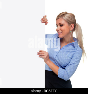 Businesswoman holding a blank sign Stock Photo