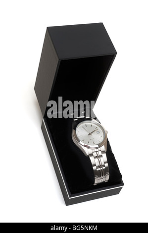 Mans expandable bracelet wrist watch in a black presentation box Stock Photo