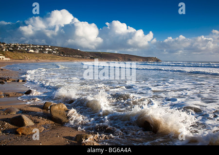 Praa Sands beach; storm; looking towards Rinsey Head; Cornwall Stock Photo