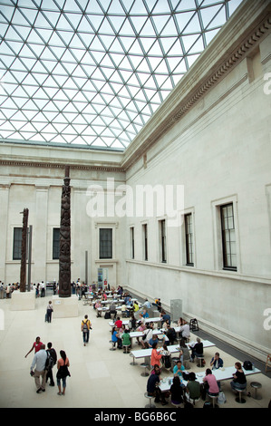 Interior view of the Great Court in The British Museum, London. A Modern highly architectural glass lattice roof covers the area Stock Photo