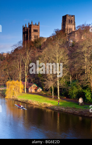 England, County Durham, Durham City. Durham Cathedral, situated above the river banks of the River Wear. Stock Photo