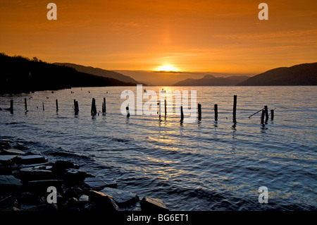 At the end of the day, sunset over Loch Ness at Dores, Inverness-shire Highland Region Scotland.   SCO 5608 Stock Photo