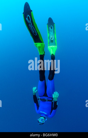 Free diver going down in the Mediterranean Sea, off Monaco Stock Photo