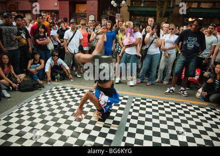 Breakdancer performing at the Livestock Block Party on Abbott St in Gastown, Vancouver, BC, Canada Stock Photo