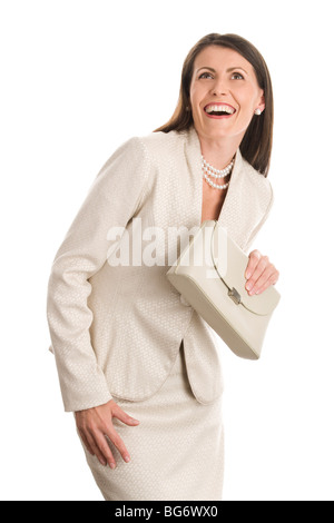 Portrait of mature elegant woman laughing isolated on white background Stock Photo