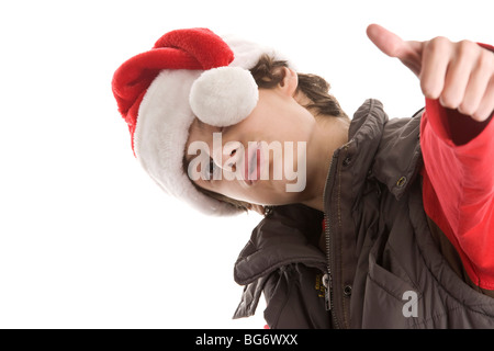 Portrait of young christmas man with thumbs up isolated on white background Stock Photo