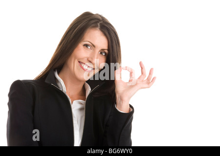 Woman indicating okay sign isolated on white background Stock Photo