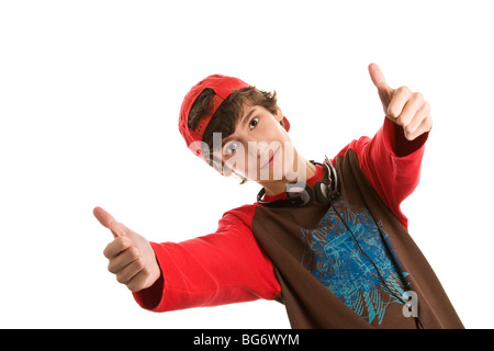 Portrait of young handsome man with double thumbs up isolated on white background Stock Photo