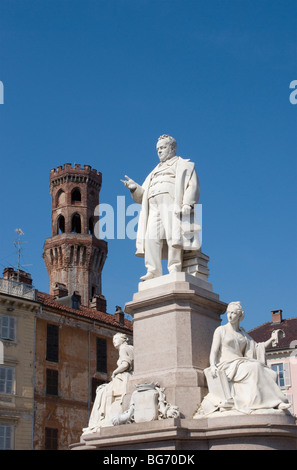 monuments in Piazza Cavour and Torre dell'angelo - Vercelli - Piedmont - Italy Stock Photo