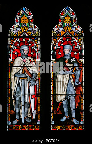 Detail of west stained glass window by Frederick Preedy depicting Knights Templar and Hospitaller, Church of St Andrew, Temple Grafton, Warwickshire Stock Photo
