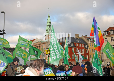 Demonstrators in a large demonstration in front of the Parliament building in Copenhagen at the UN Climate Change Conference. Stock Photo