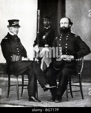 Union naval commander Farragut (left) sits with General Granger shortly after he defeated the Confederates at Mobile Bay. Stock Photo