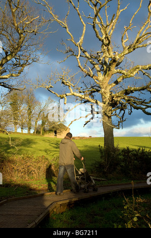 Occombe Farm is an organic farm in Torquay,South Devon,a young father pushes a pushchair around a nature trail. Stock Photo