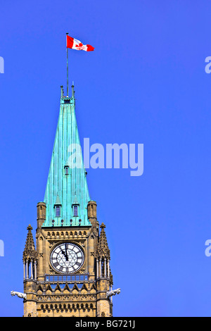 Clock of the Peace Tower in the Centre Block of the Parliament Buildings on Parliament Hill, City of Ottawa, Ontario, Canada. Stock Photo