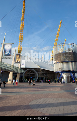 O2 Arena, entrance London Millennium Dome. Morning Blue sky Statue of ...