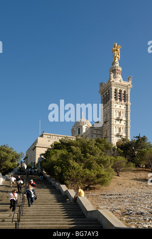 Tourists, Visitors & Main Staircase Leading to Notre Dame de la Garde Church, Marseille or Marseilles, Provence, France Stock Photo