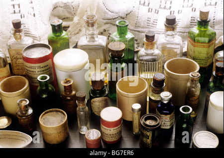 Glasgow, The Tenement House, interior detail exhibit museum Scotland UK old medicine bottle bottles jar jars display Stock Photo