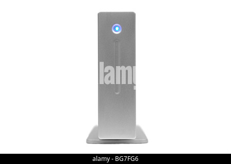 A brushed metal effect external Hard Drive with blue LED isolated on white. Stock Photo