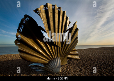 The Scallop Scupture dedicated to Benjamin Britten by artist Maggi Hambling on Aldeburgh beach on the Suffolk Coast East Anglia