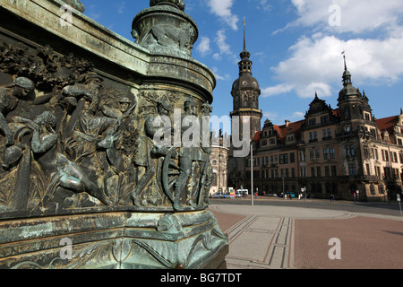Germany, Saxony, Dresden, Theaterplatz, Theatre Square, Engraved Base of Statue of King John, Hausmann Tower Stock Photo