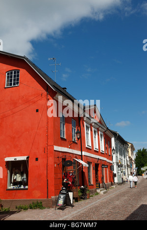 Finland, Southern Finland, Eastern Uusimaa, Porvoo, Medieval Wooden Houses, Shopping Street Stock Photo