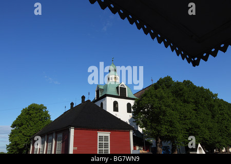Finland, Southern Finland, Eastern Uusimaa, Porvoo, Medieval Wooden Houses, Cathedral Tower Stock Photo
