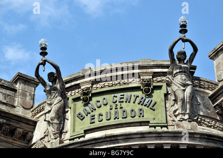 old Banco Central del Ecuador, details of front facade, Quito, Ecuador Stock Photo