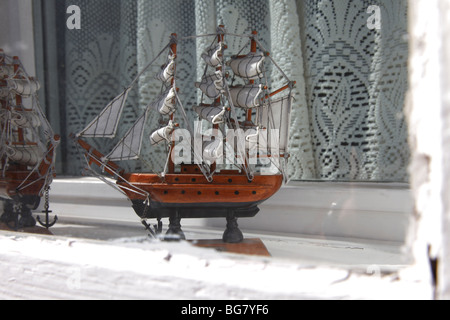 Finland, Region of Finland Proper, Western Finland, Turku, Naantali, Model of Sailing Ship in Window Stock Photo