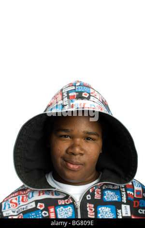 Portrait of a young boy wearing a hooded sweatshirt in San Francisco, California. Stock Photo