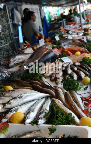 France, Paris, an outdoor, street food market a variety of fresh fish on display Stock Photo