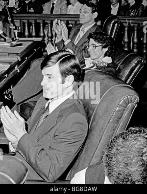 t to b; newly elected Supervisors, Harvey Milk, Carol Ruth Silver, Dan White in City Hall. 01/09/1978 Stock Photo