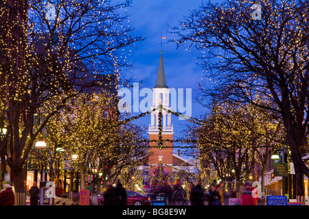 Christmas lights on Church Street pedestrian mall business district, Burlington, Vermont Stock Photo