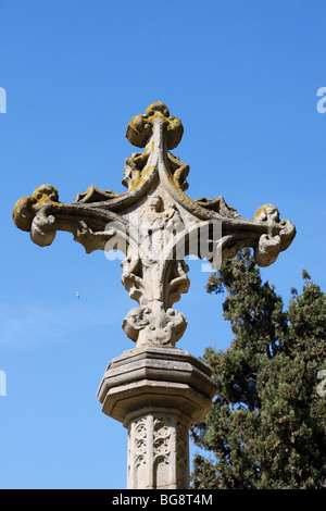 Art romanesque. The Royal Benedictine Monastery of Sant Cugar. Detail of cross stone. Sant Cugat del Valles. Catalonia. Spain. Stock Photo