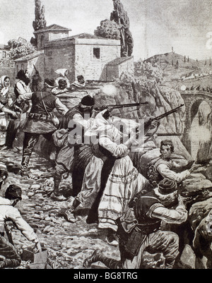 FIRST WORLD WAR (1914-1918). Inhabitants of town of Serbia fight against austrian troops (1914). Drawing. Stock Photo