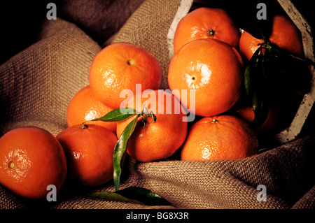 Tangerines with hessian backdrop, low key Stock Photo