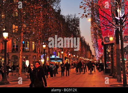 'Paris christmas' France, 'Christmas Lighting' 'Power Saving' on 'Champs Elysees' at Night Stock Photo
