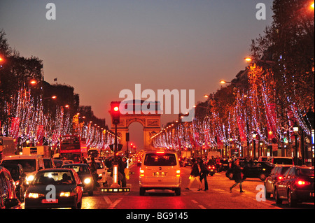 Paris at night, France, 'Christmas Lighting' 'Power Saving' on 'Champs Elysees' at Night 'Arc de Triomphe' Stock Photo