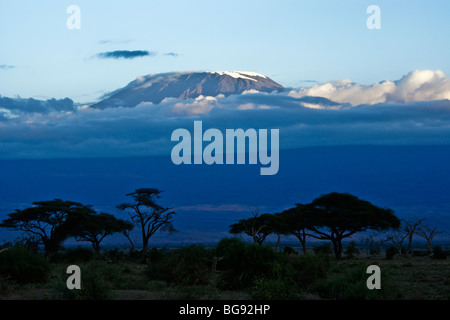 Late-afternoon light on Mount Kilimanjaro, Tanzania, viewed from Amboseli National Park, Kenya Stock Photo