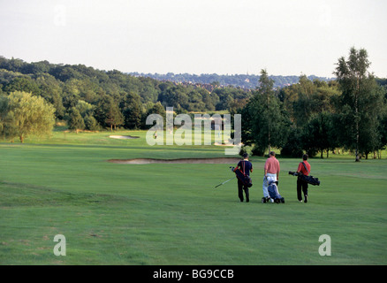 Golfers carrying their golf bags across a golf course Stock Photo