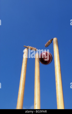 Close up of red cricket ball  striking the stumps Stock Photo