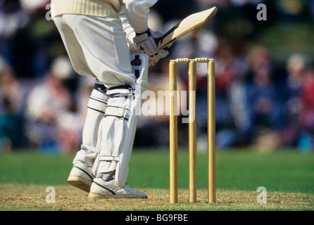 Close up of a cricket player about to hit a ball during a match Stock Photo