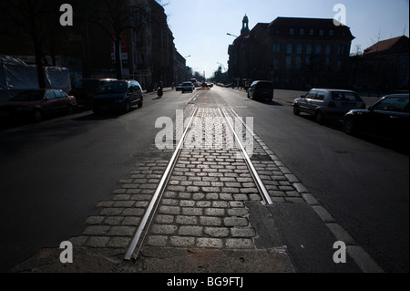 Tram tracks to nowhere on INVALIDENSTRASSE IN former East Berlin, truncated when the Berlin Wall was built as seen here looking Stock Photo