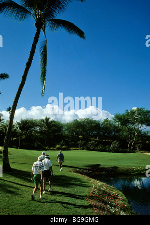Golfers walking on a golf course Stock Photo