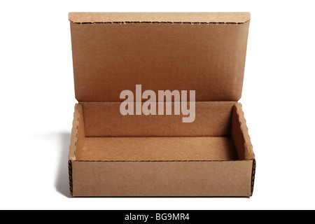 Open small cardboard box isolated on white background. Stock Photo