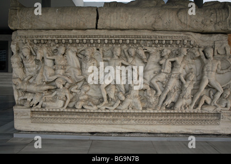 Detailed carving from sarcophagus outside the archeological museum Thessaloniki Stock Photo