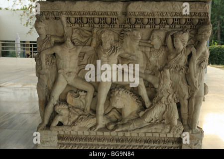 Detailed carving from sarcophagus outside the archeological museum Thessaloniki Stock Photo