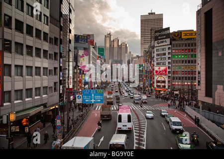 Koshu kaido Avenue and the Park Hyatt Hotel beyond, Shinjuku Ward, Tokyo, Japan Stock Photo