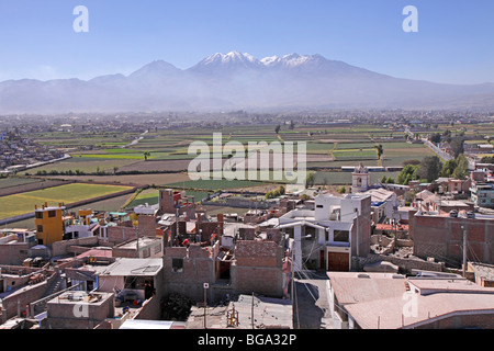 panoramic view of the city from Sachaca Tower with Volcano Chachani in the background, Arequipa, Peru, South America Stock Photo