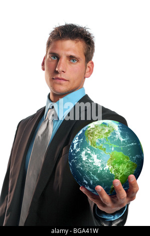 Businessman holding planet earth isolated on a white background Stock Photo