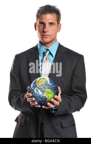 Businessman holding planet earth isolated on a white background Stock Photo